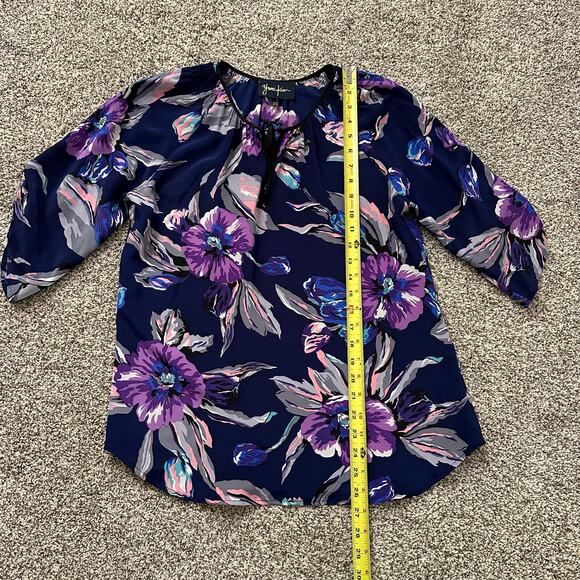 Yumi Kim navy blue floral silk 3/4 sleeve top size XS - Picture 9 of 13